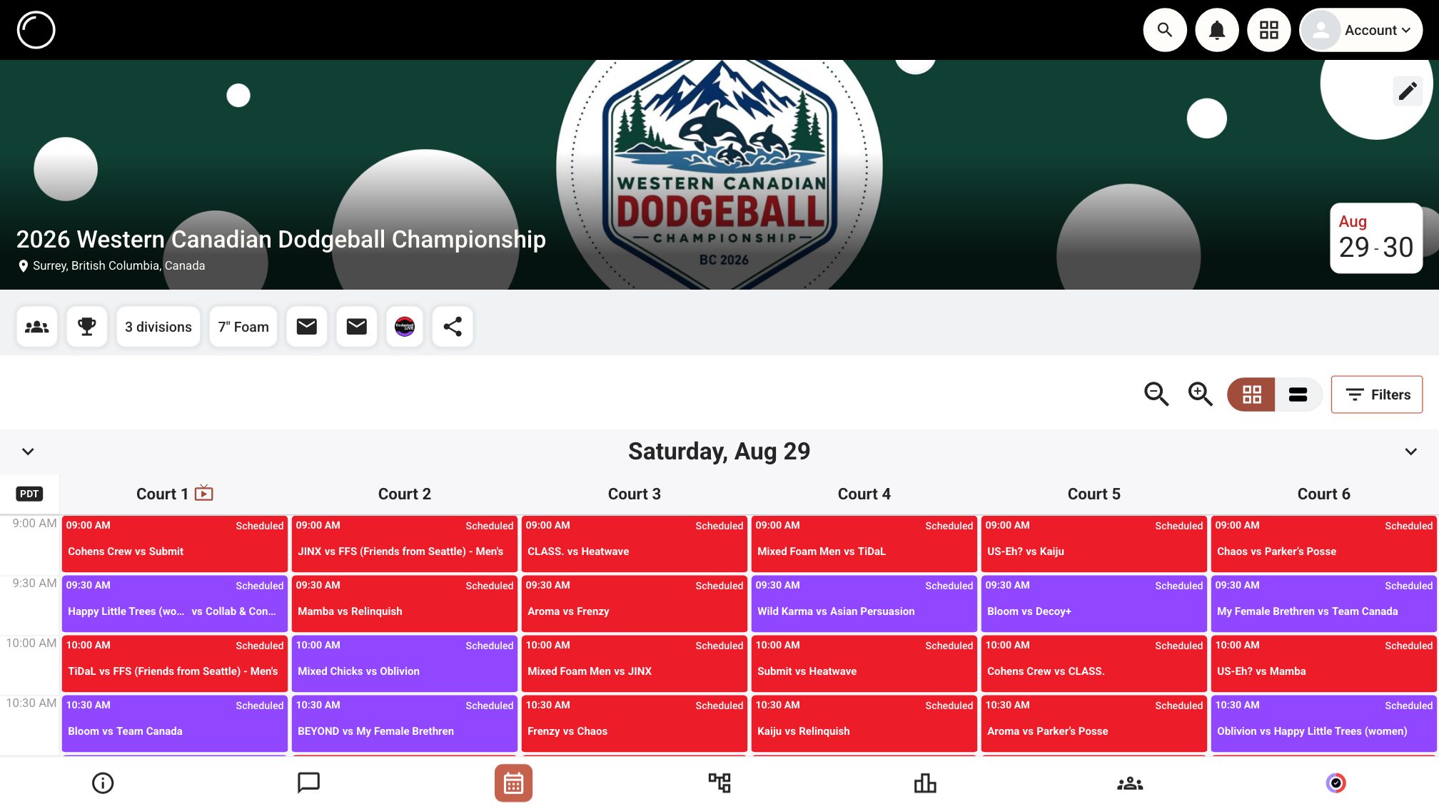 The Dodgeball Hub event dashboard showing a live tournament schedule