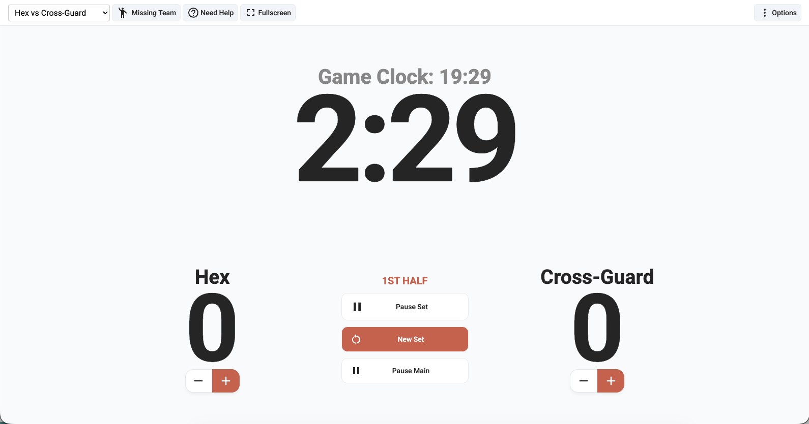 The courtside scoreboard on a tablet: game clock, set clock and score controls for each team