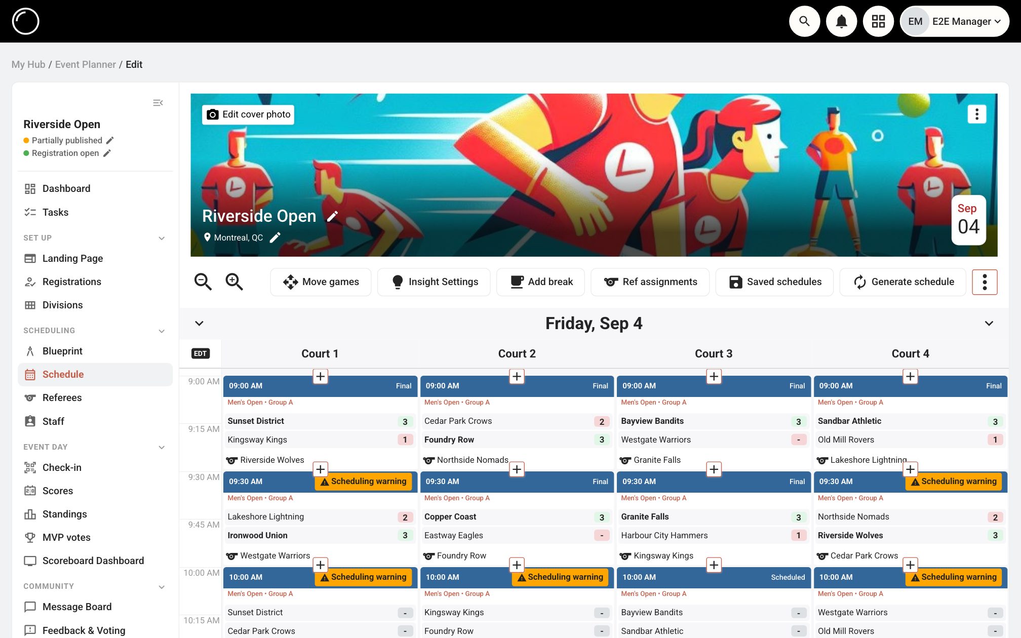 A tournament schedule across four courts, every game showing its division, score and the team refereeing it