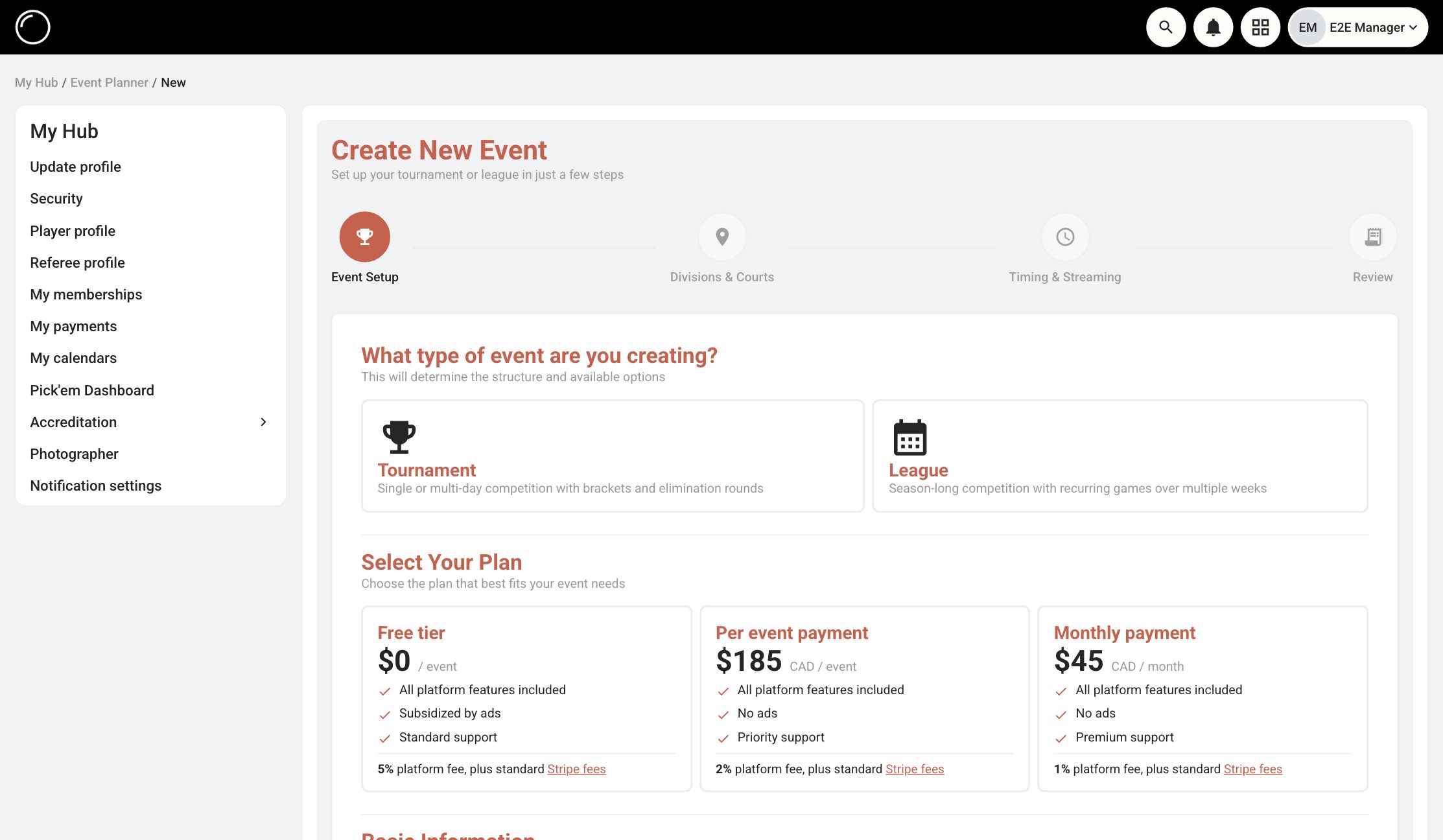 The event creation wizard: choosing between a tournament and a league, and picking a plan