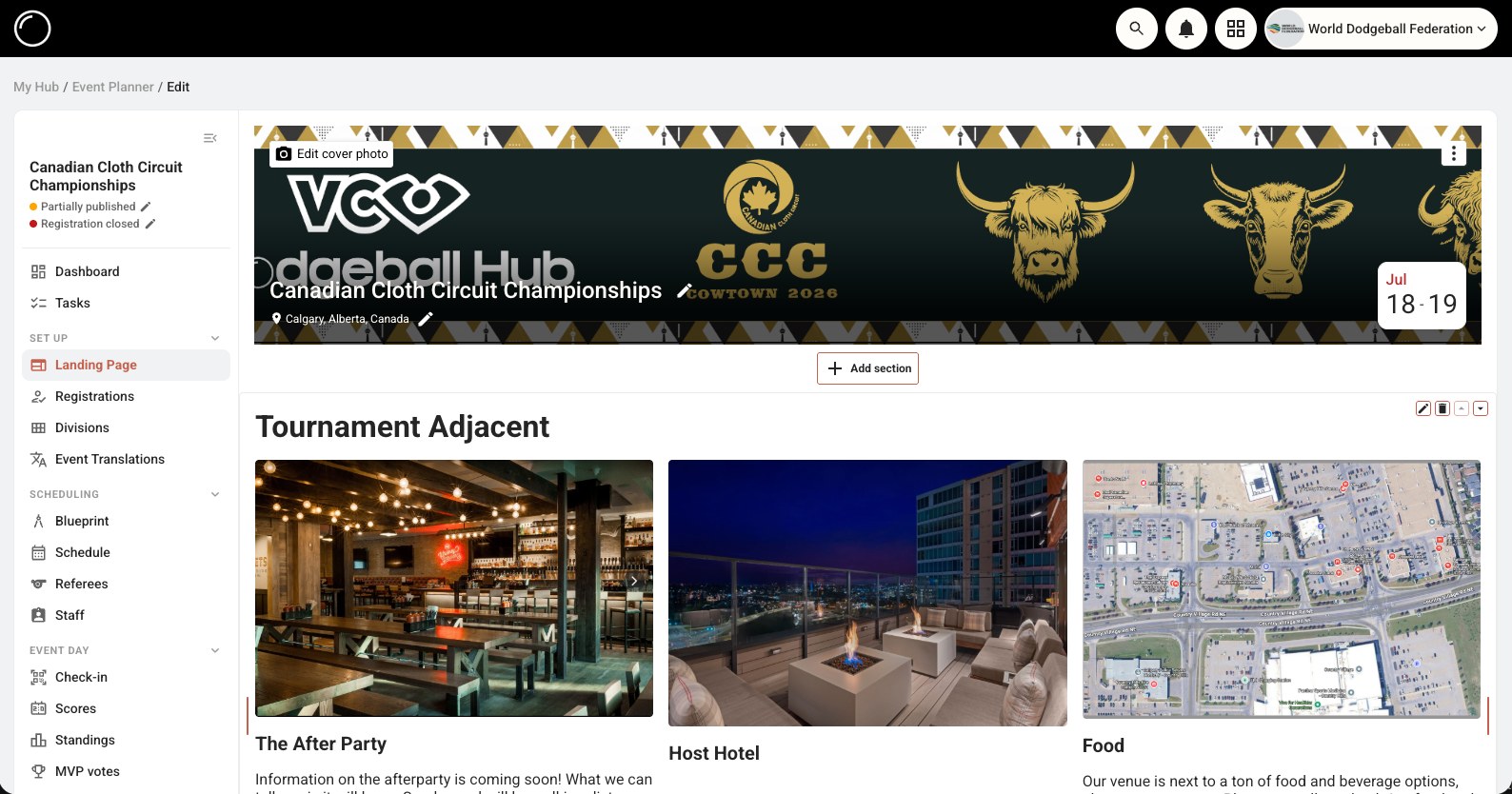An event landing page being built, with a custom section for the after party, host hotel and food