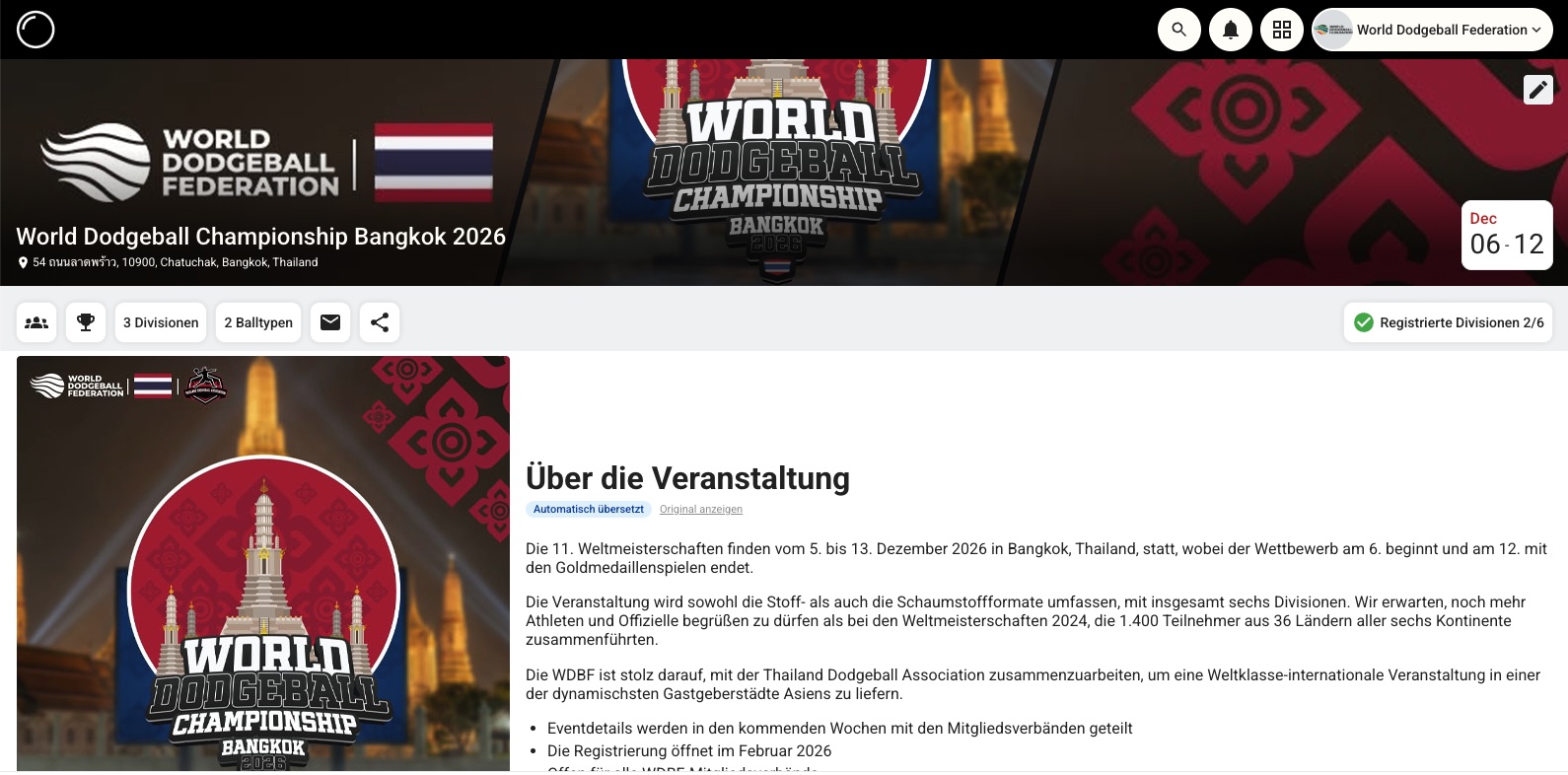 A championship event page read in German, with an "automatically translated" badge and a link back to the original