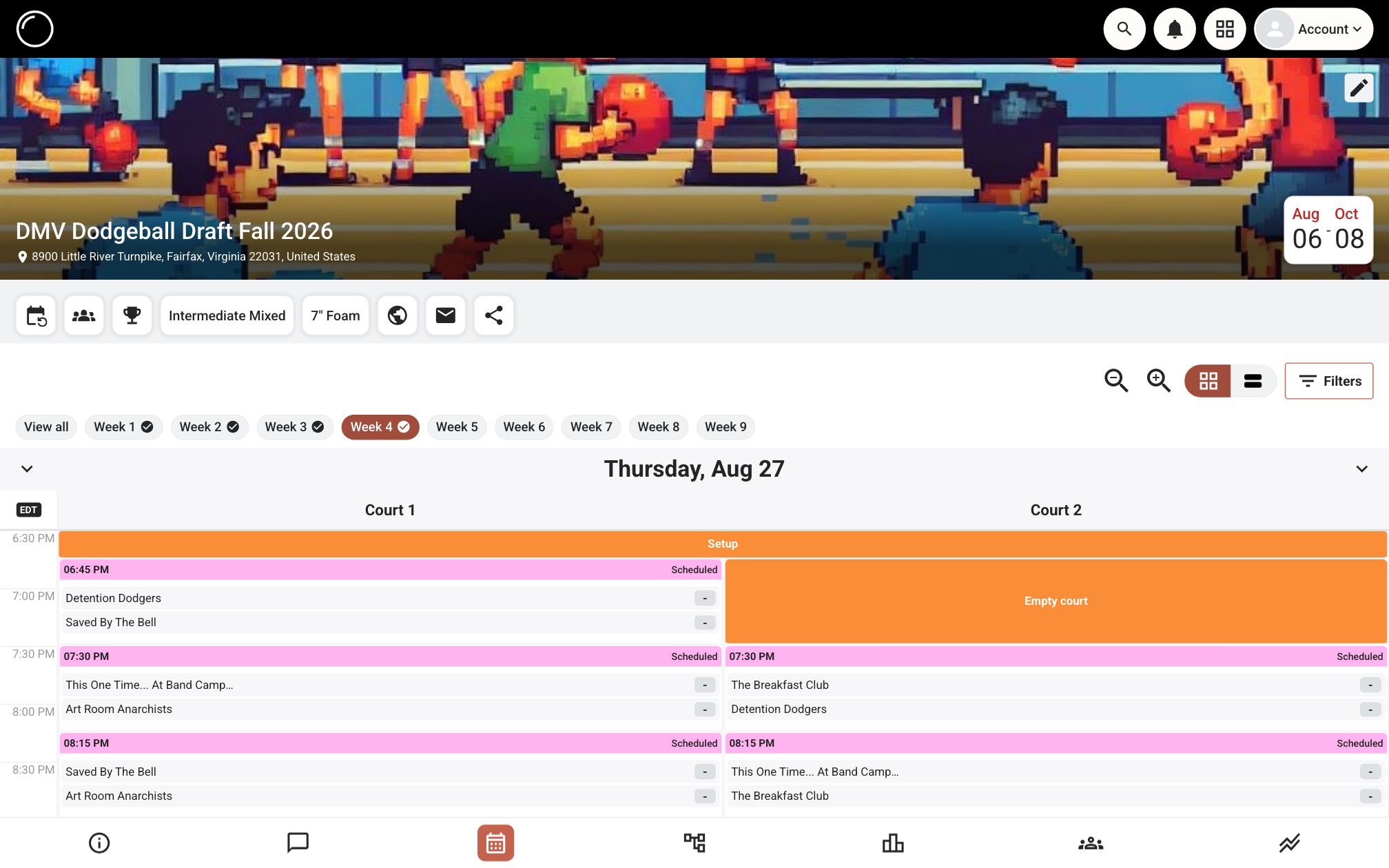 A league schedule with week-by-week navigation, open on a mid-season week