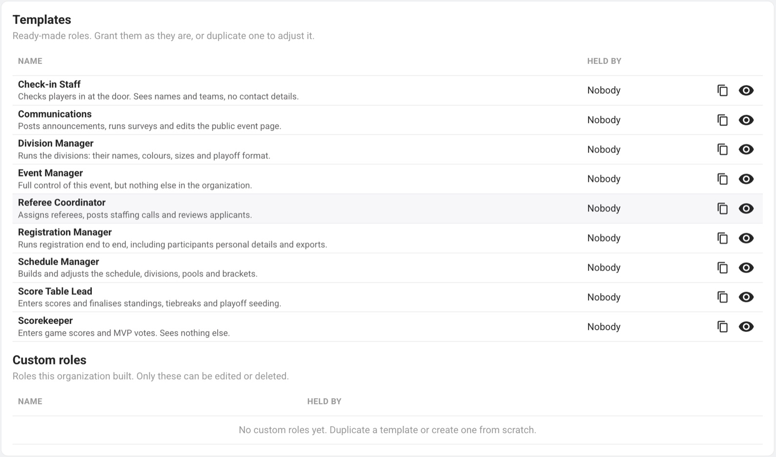 The role templates list: nine ready-made roles from Check-in Staff to Scorekeeper, each with a line saying what it can do