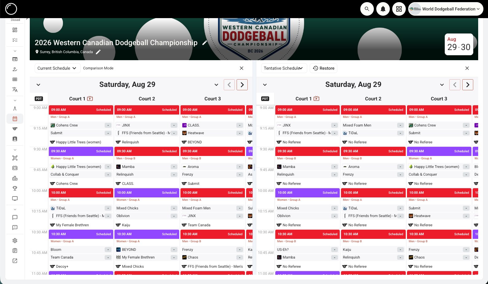 Two schedule versions side by side in comparison mode, with the tentative one restorable
