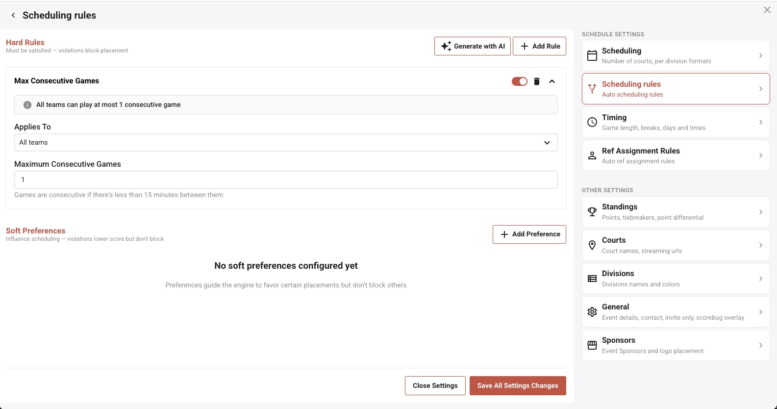 The scheduling rules editor: hard rules that block placement, soft preferences that only lower the score, and an AI rule generator