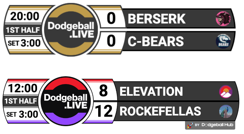 Two broadcast scorebugs in different team colours and layouts, built in the same editor