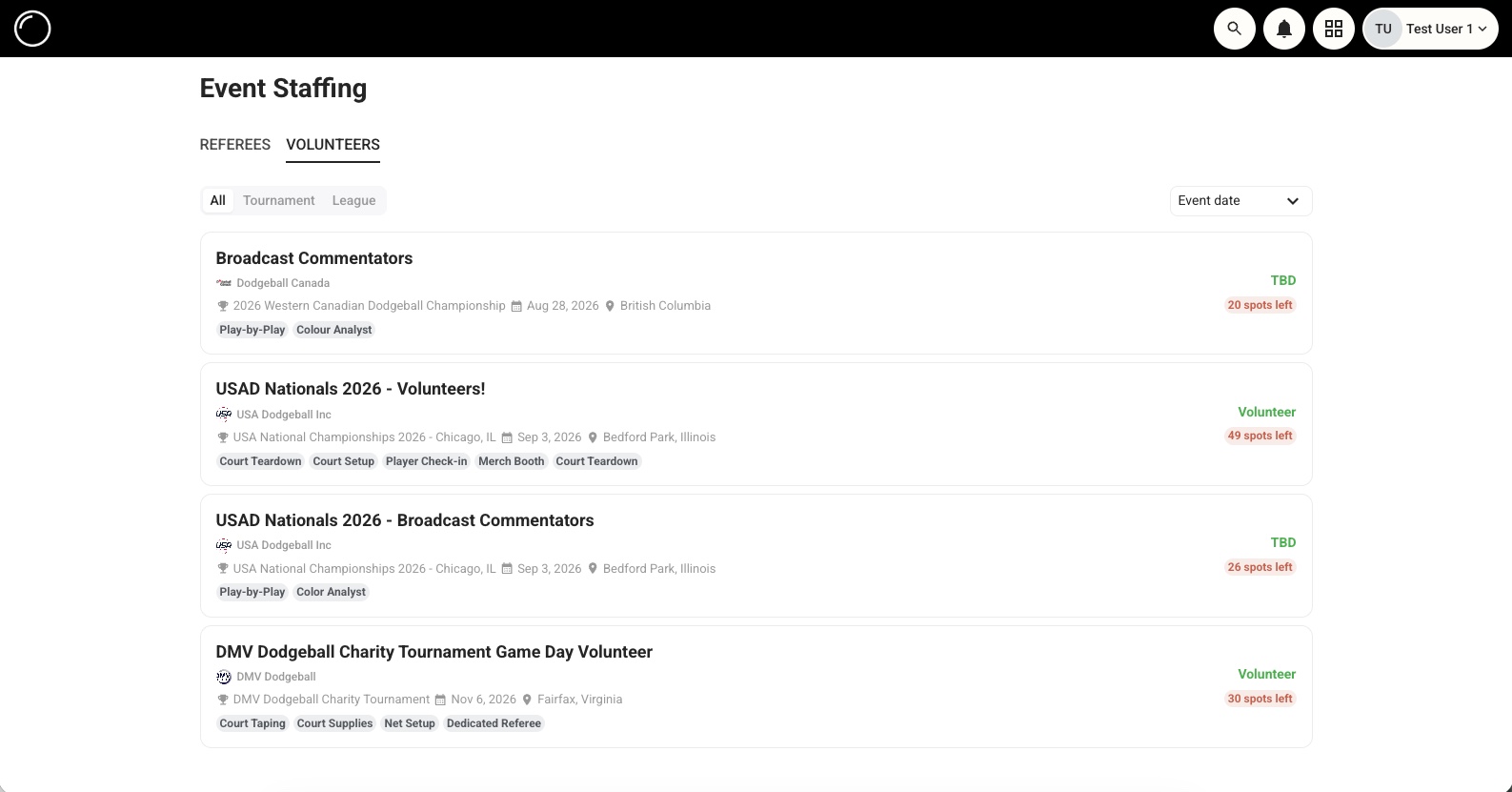 The public staffing board, listing open volunteer and commentator positions with the spots left on each