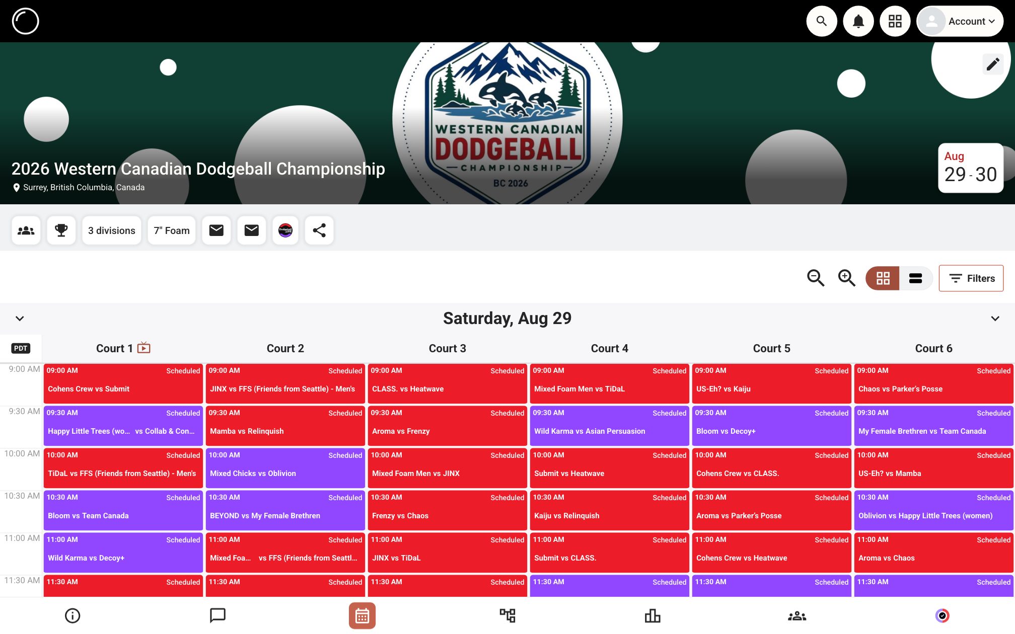 A tournament schedule across six courts, with every match, time and referee assigned