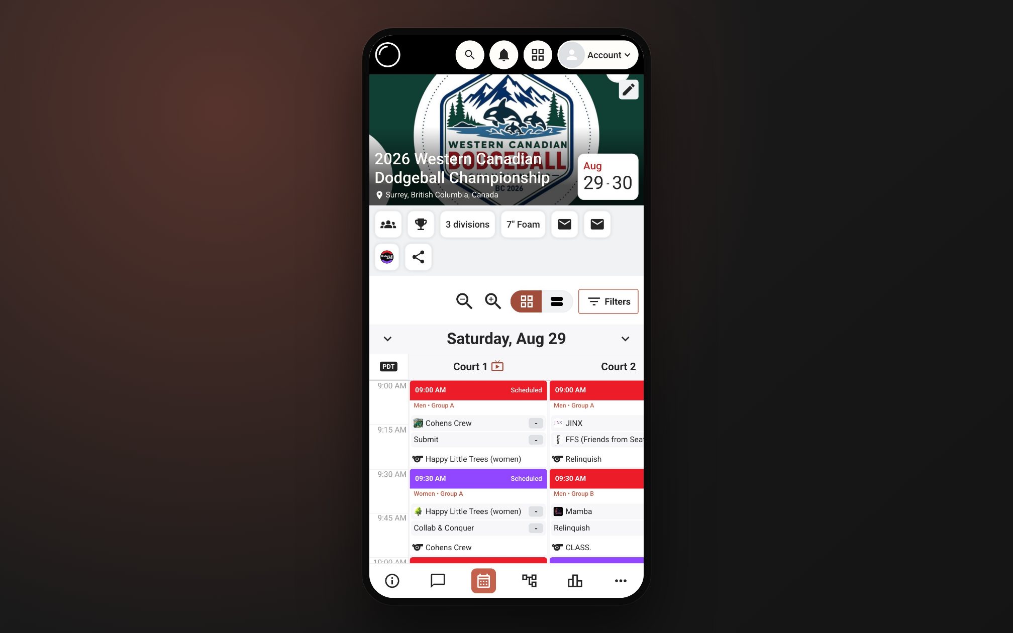 A live tournament schedule on a phone, showing courts, times and the next games