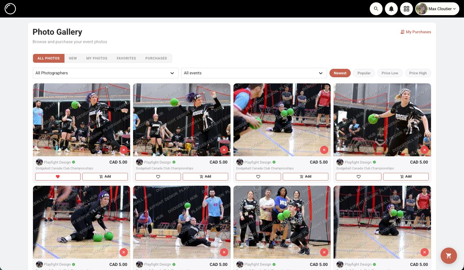 The photo gallery: watermarked event photos from a club championship, each priced and addable to a cart